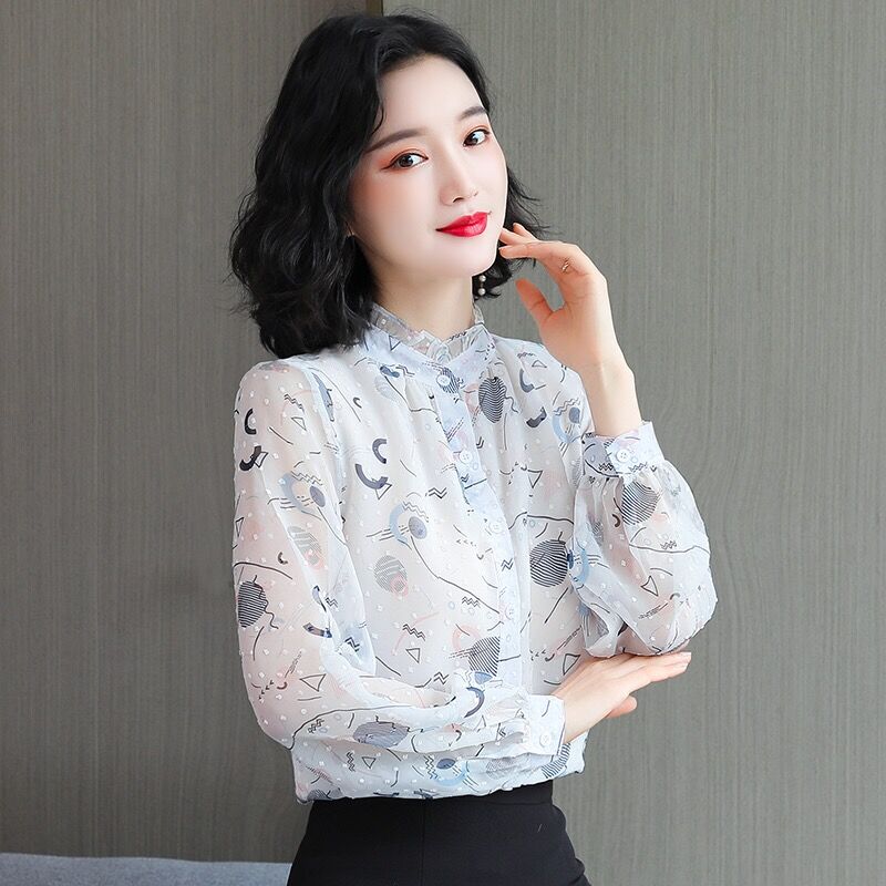 實拍碎花雪紡上衣女2026春秋新款韓版百搭襯衫長袖立領時尚襯衣