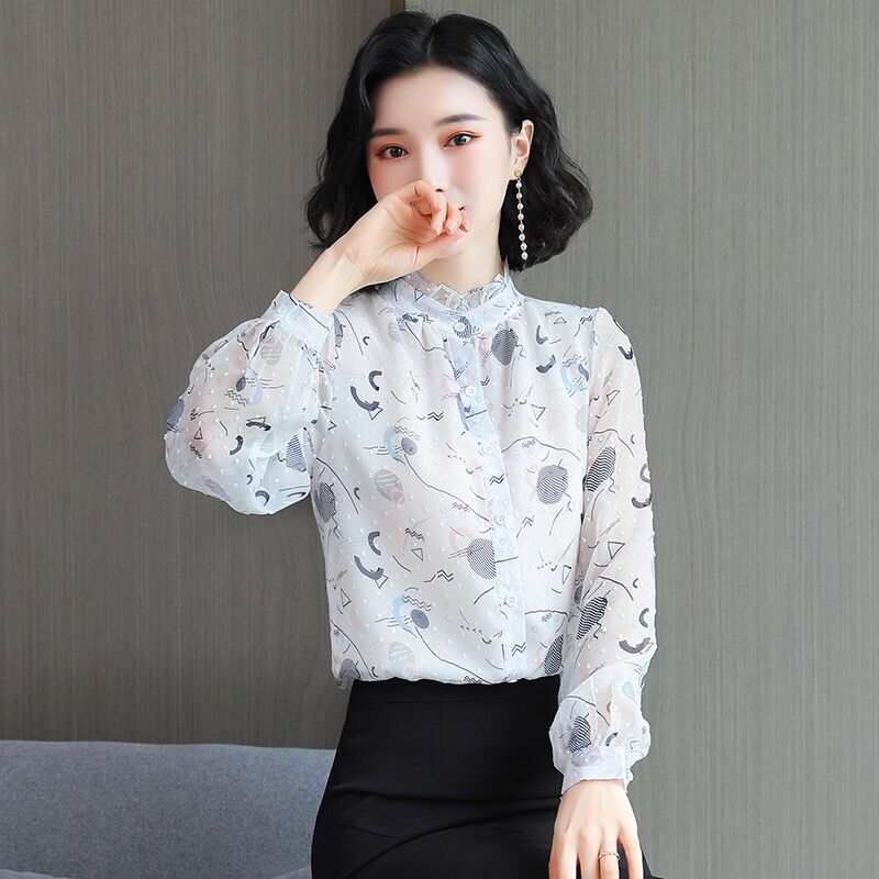 實拍碎花雪紡上衣女2026春秋新款韓版百搭襯衫長袖立領時尚襯衣