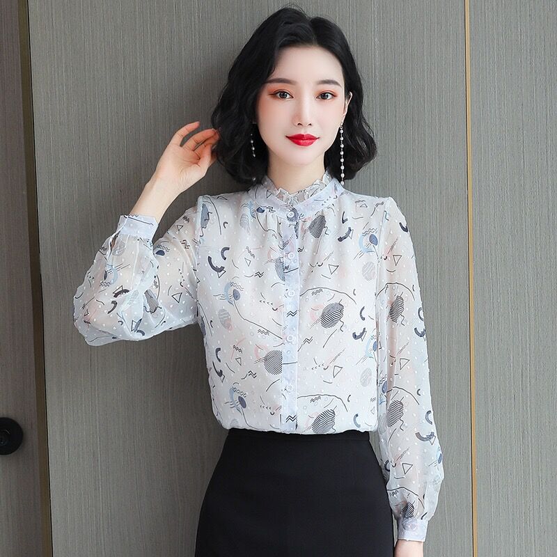 實拍碎花雪紡上衣女2026春秋新款韓版百搭襯衫長袖立領時尚襯衣