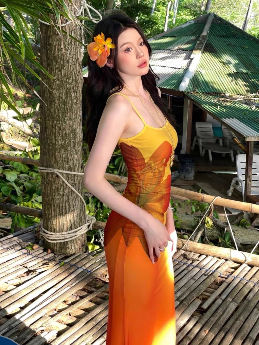 法式復古辣妹性感純欲風立體漸變色花朵魚尾包臀連衣裙度假長裙子