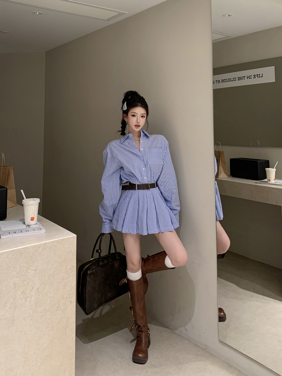實拍收腰顯瘦藍白格子襯衫連衣裙百褶短裙子有肩墊女