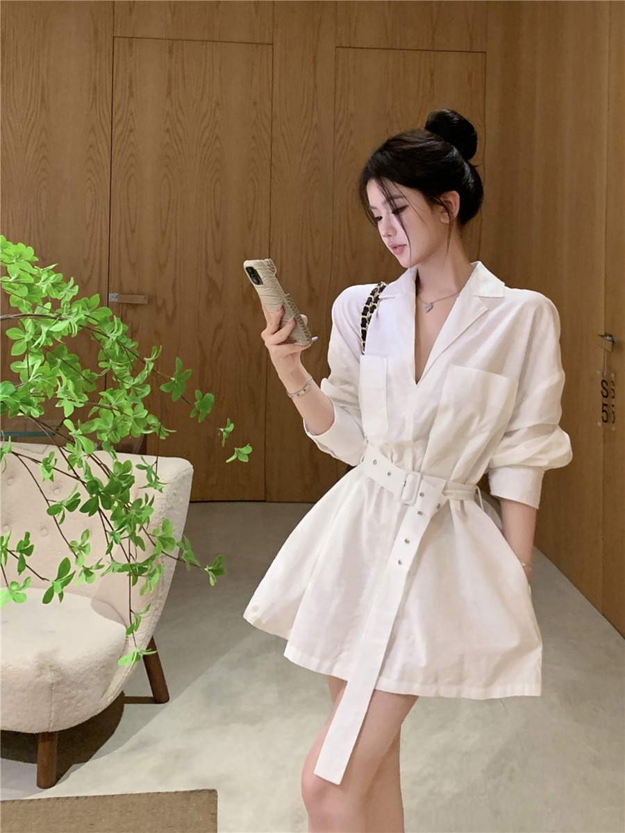 實拍秋裝復古性感小西裝領襯衫連衣裙女長袖收腰顯瘦A字裙配腰帶
