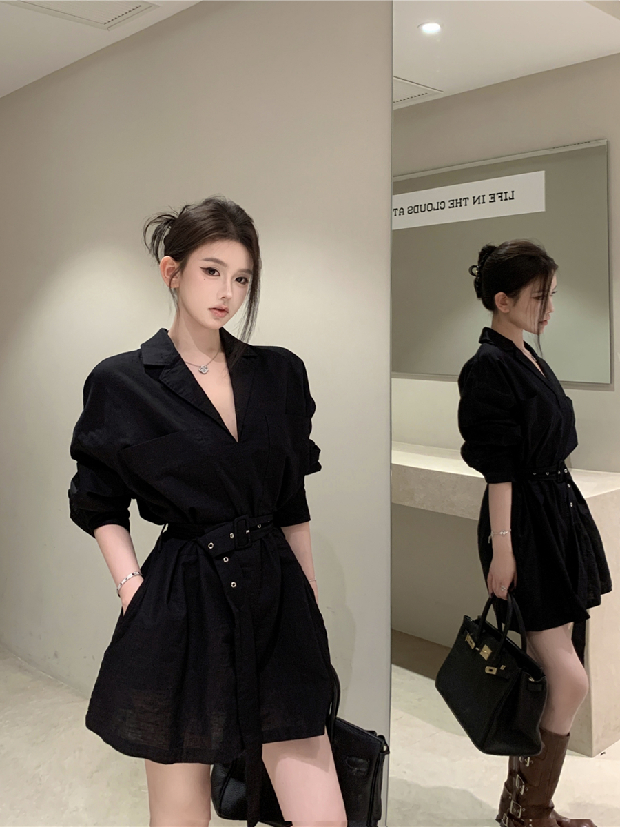 實拍秋裝復古性感小西裝領襯衫連衣裙女長袖收腰顯瘦A字裙配腰帶