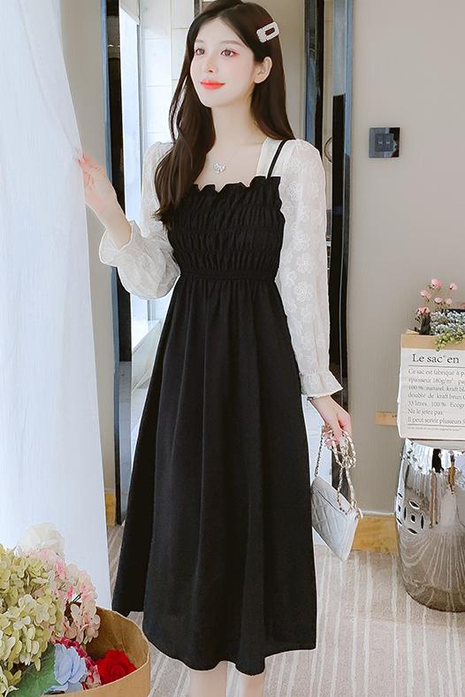 實拍2024秋季拼接刺繡甜美淑女中長裙方領長袖連衣裙