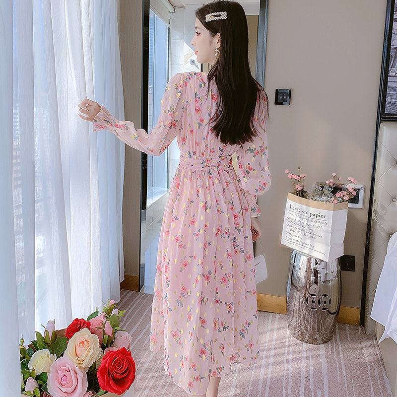 實拍2024秋季V領燈籠袖淑女荷葉邊裙植物花卉甜美燙金連衣裙