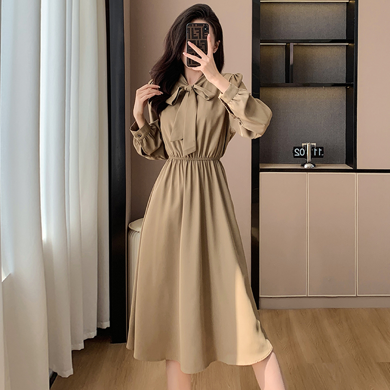 2024新款馬甲加連衣裙簡約純色淑女長袖兩件套連衣裙
