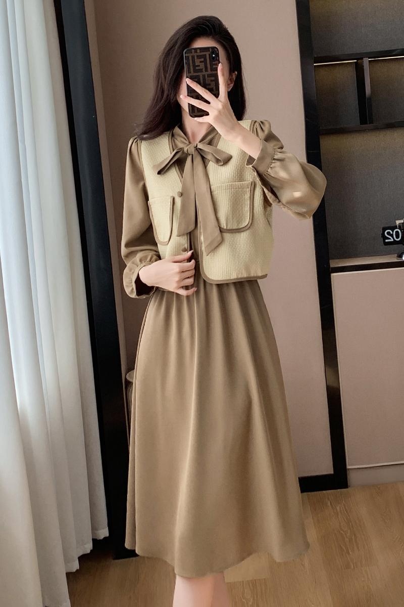 2024新款馬甲加連衣裙簡約純色淑女長袖兩件套連衣裙