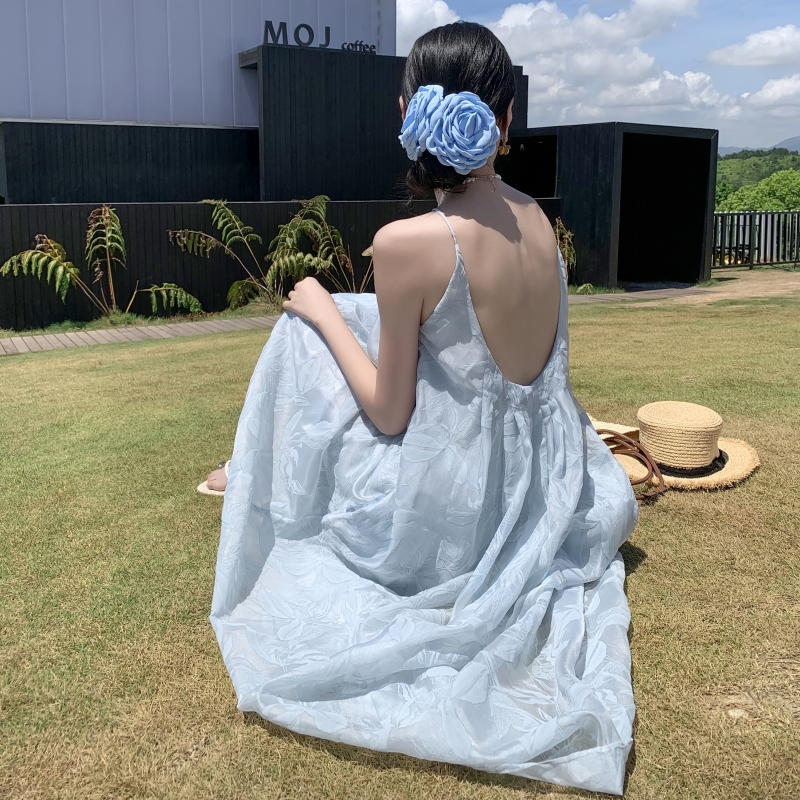 實拍盈柔之境 吊帶褶皺天絲連衣裙氣質仙女裙海邊度假吊帶裙新品