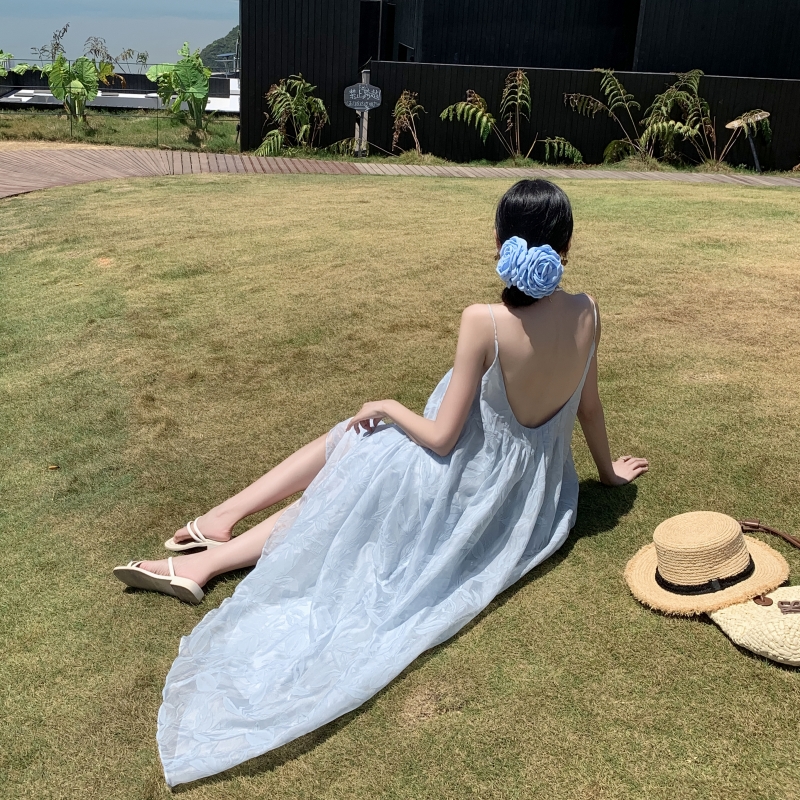 實拍盈柔之境 吊帶褶皺天絲連衣裙氣質仙女裙海邊度假吊帶裙新品