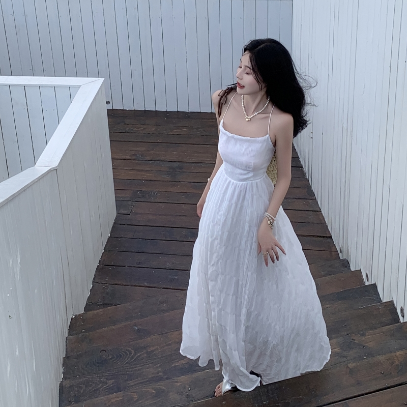 超仙設計感夏日海浪藍色純欲風度假風露背收腰顯瘦大裙擺吊帶長裙