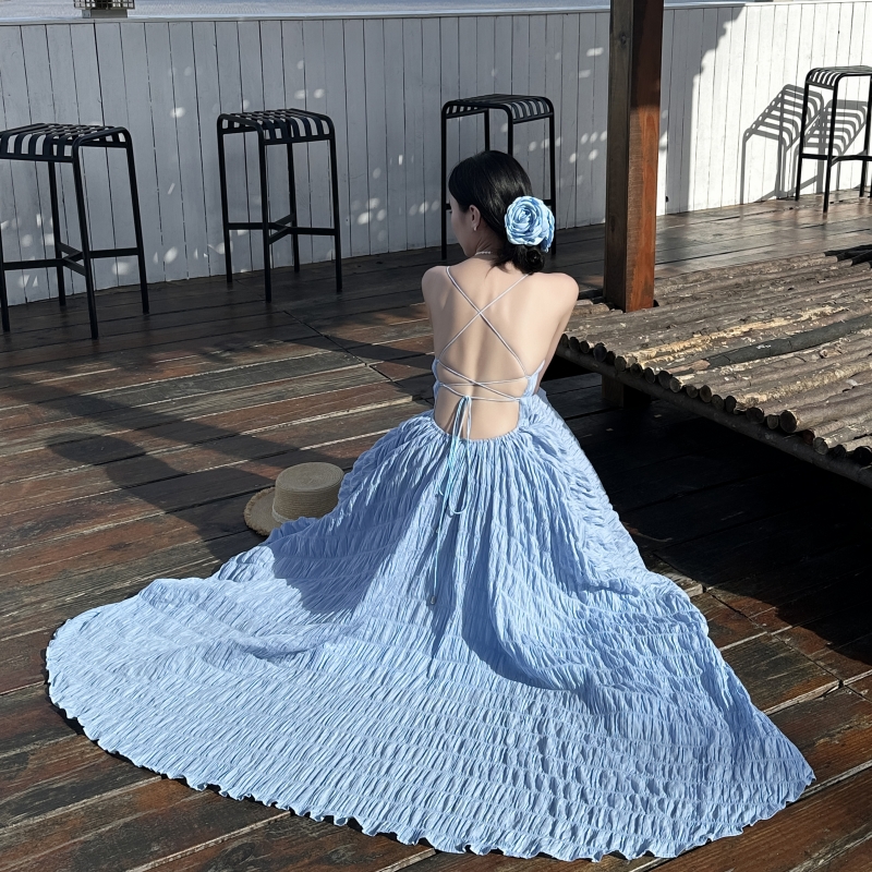 超仙設計感夏日海浪藍色純欲風度假風露背收腰顯瘦大裙擺吊帶長裙