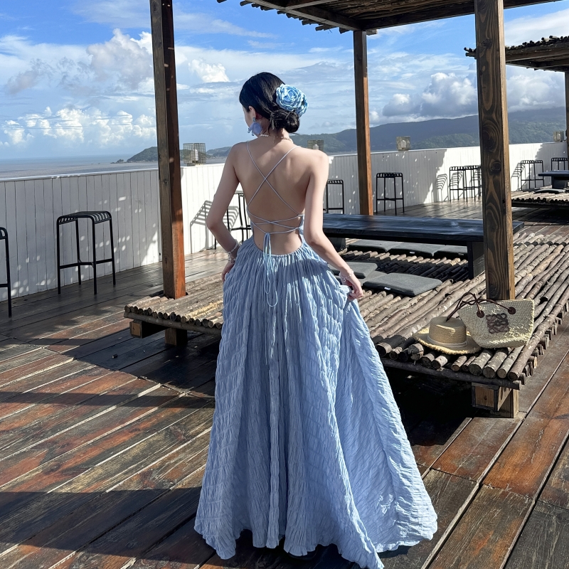 超仙設計感夏日海浪藍色純欲風度假風露背收腰顯瘦大裙擺吊帶長裙