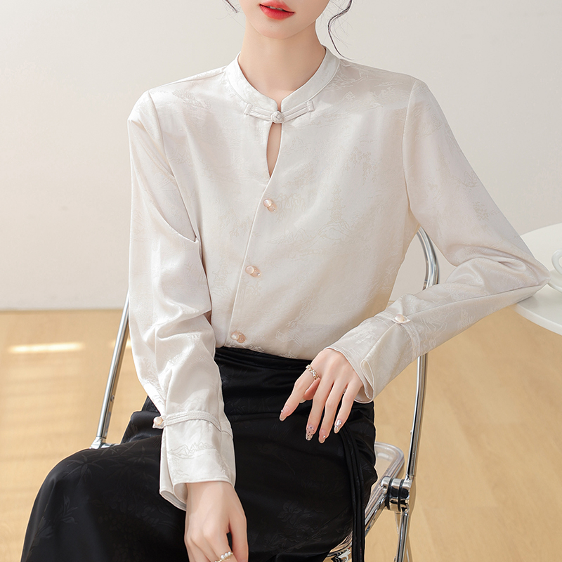2026實拍秋季新款提花醋酸新中式盤扣襯衫女秋季設計感小眾上衣