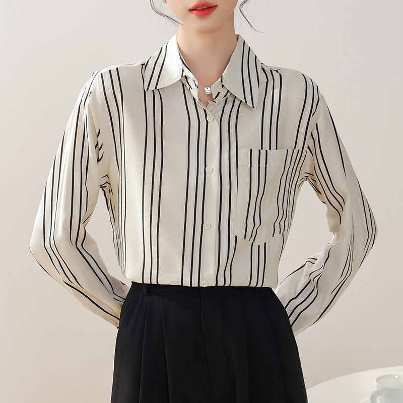2026春秋新款簡約通勤豎條紋襯衫女氣質雪紡寬松百搭打底外穿上衣