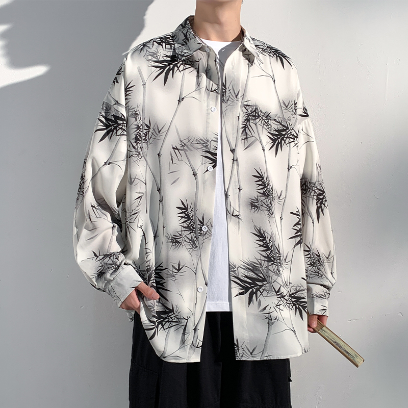 實拍水墨竹子國風花襯衫男長袖春秋青少年高級感痞帥襯衣