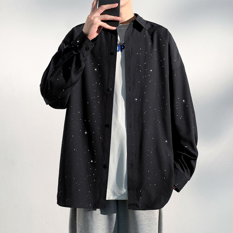 實拍黑色滿天星襯衫男款春秋季痞帥高級感長袖襯衣外套