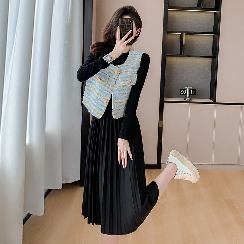 實拍2024秋季新款馬甲加連衣裙兩件套淑女百褶裙韓版