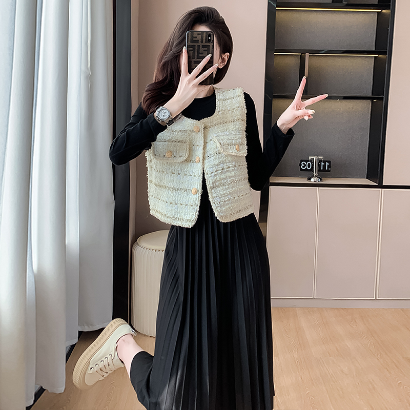 實拍2024秋季新款馬甲加連衣裙兩件套淑女百褶裙韓版