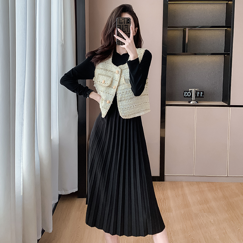 實拍2024秋季新款馬甲加連衣裙兩件套淑女百褶裙韓版