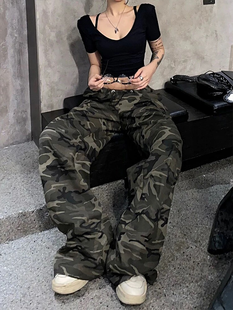 美式復古迷彩工裝褲女2026早秋炸街甜酷辣妹寬松直筒垂感休閑褲子