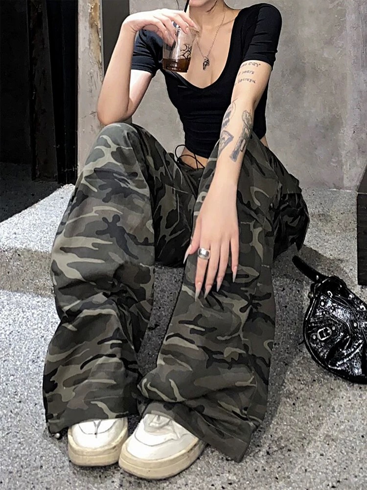 美式復古迷彩工裝褲女2026早秋炸街甜酷辣妹寬松直筒垂感休閑褲子