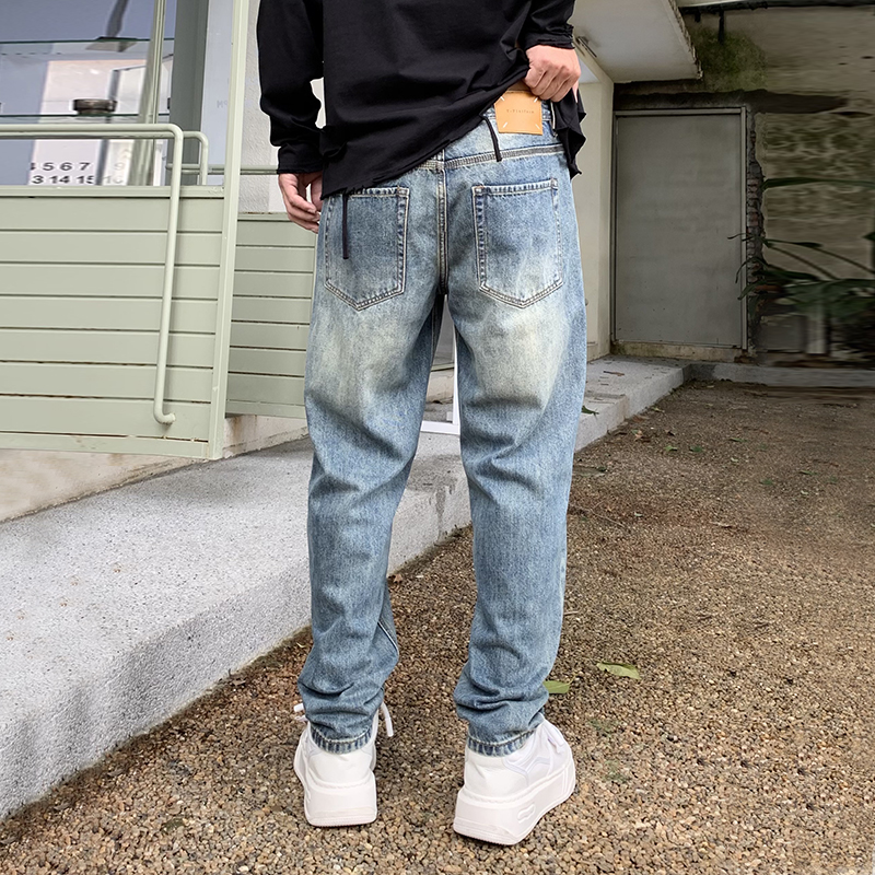 實拍2024秋冬新款破洞牛仔褲男寬松錐形哈倫補丁刺繡百搭潮牌褲子