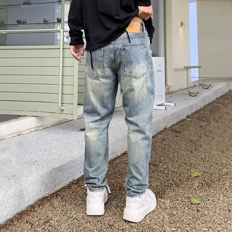 實拍2024秋冬新款錐形牛仔褲男潮牌寬松褲子刮爛破洞補丁哈倫褲