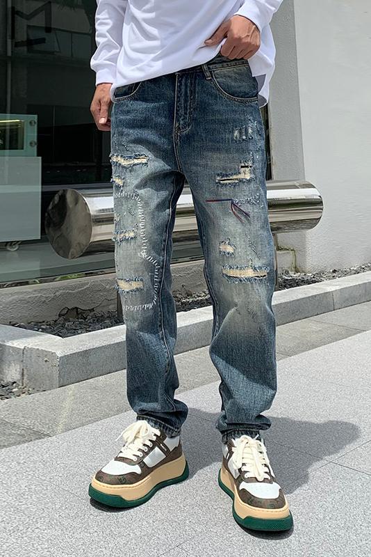 實拍2024秋冬新款破洞牛仔褲男補丁刺繡潮流百搭高街錐形長褲