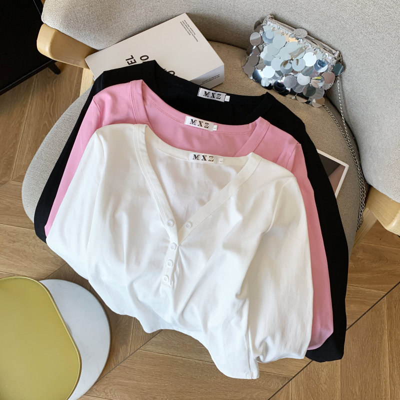 實拍現 純棉V領長袖T恤女辣妹洋氣純色顯瘦短款粉色上衣
