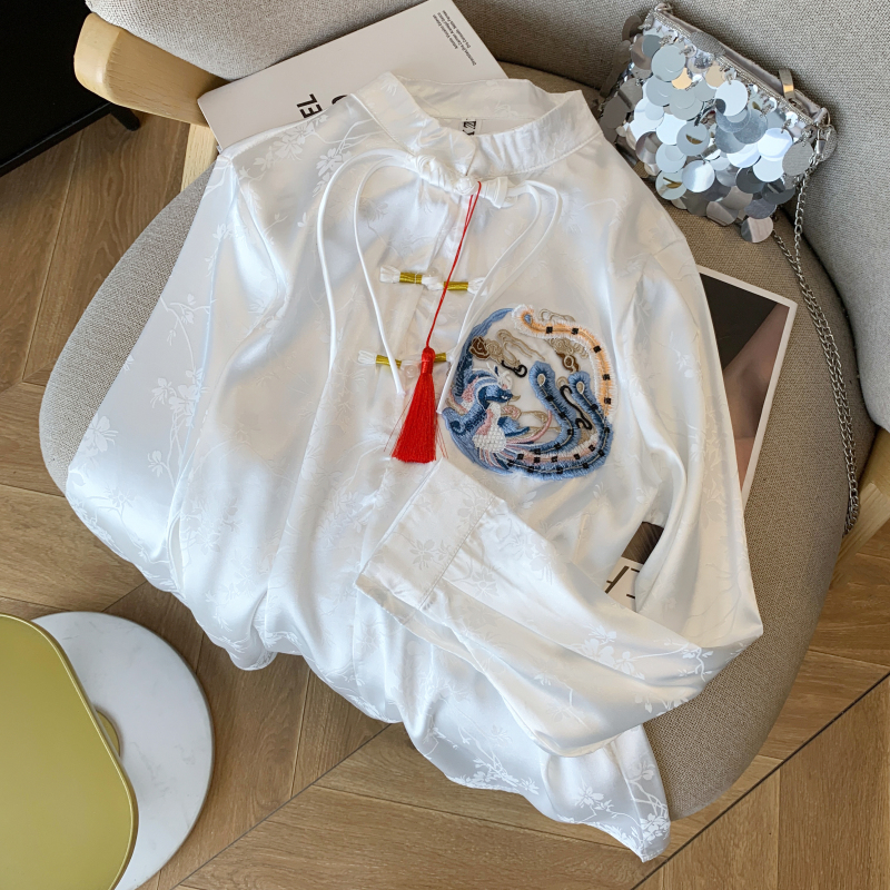 實拍 春季新款新中式國風緞面襯衫盤扣吊墜長袖襯衣雪紡上衣