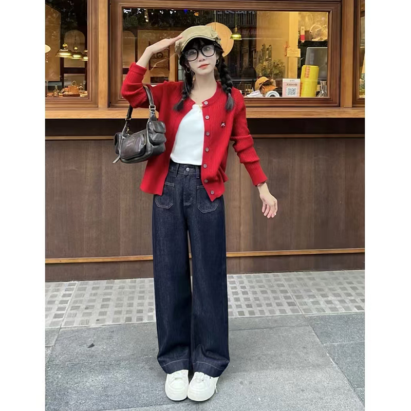 王家有魚小個子定制丹寧色牛仔褲早秋新款垂感高腰窄版直筒闊腿