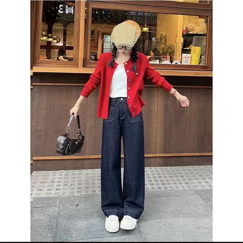 王家有魚小個子定制丹寧色牛仔褲早秋新款垂感高腰窄版直筒闊腿
