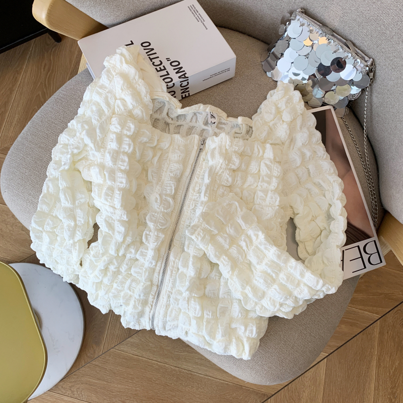 實拍 早春新款法式洋氣泡泡方領拉鏈小心機短款長袖襯衫女