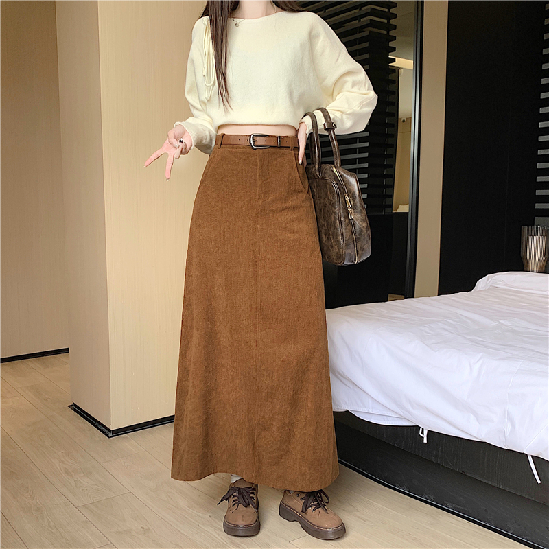 實拍實價港風復古高級感氣質燈芯絨女秋冬新款高腰包臀系腰帶長裙