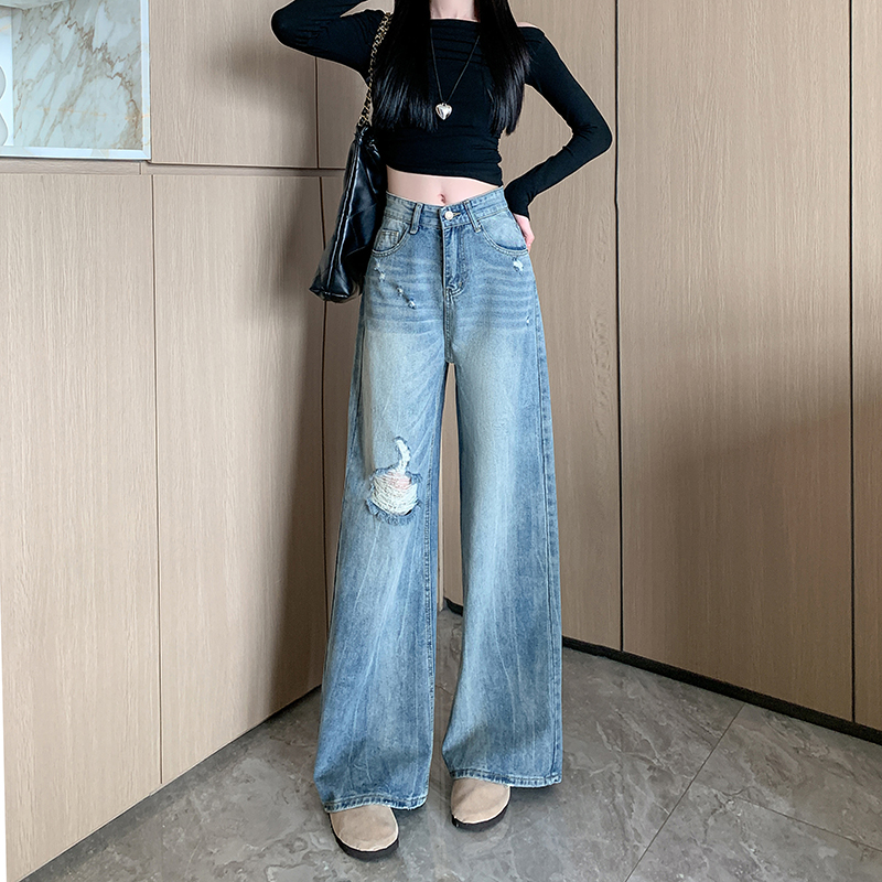 實拍  2026夏季新款美式高街破洞牛仔褲女高腰顯瘦寬松顯瘦闊腿褲