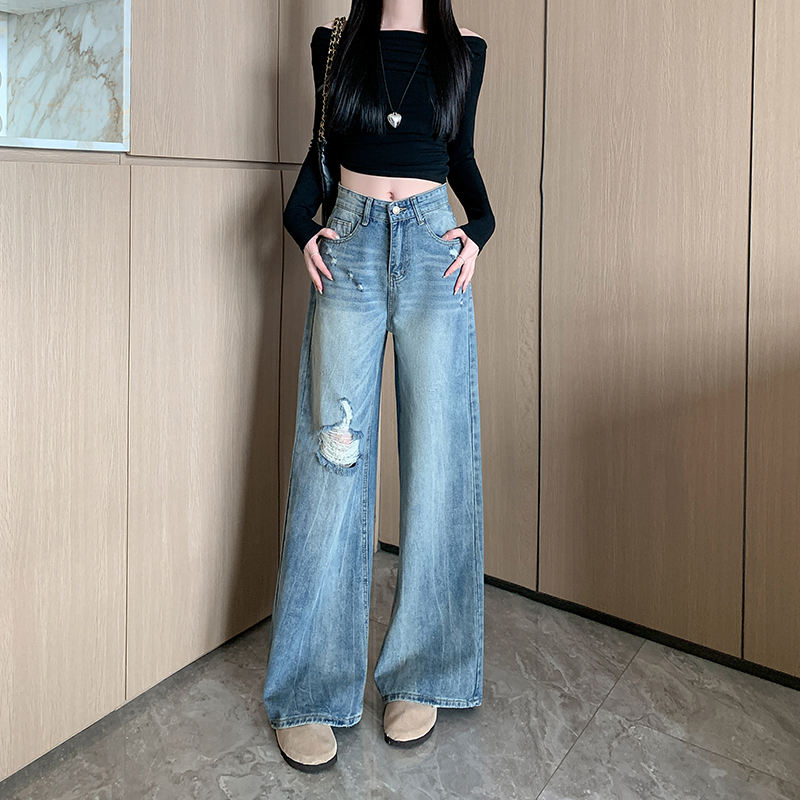 實拍  2026夏季新款美式高街破洞牛仔褲女高腰顯瘦寬松顯瘦闊腿褲