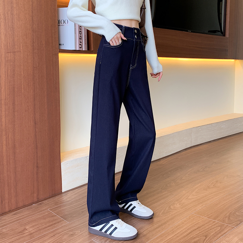 實拍好質量不掉色針織牛仔彈力褲女褲女春季寬松顯瘦老爹直筒褲