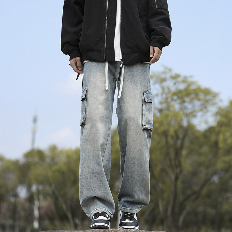 實拍2024秋冬新款潮牌工裝牛仔褲男寬松直筒抽繩松緊腰百搭休閑褲