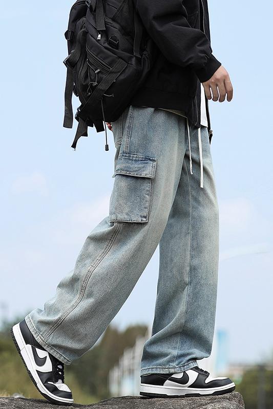 實拍2024秋冬新款潮牌工裝牛仔褲男寬松直筒抽繩松緊腰百搭休閑褲