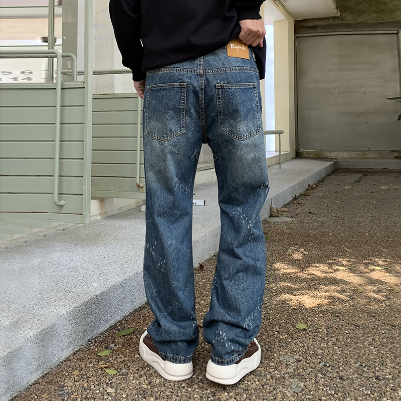 實拍秋冬美式潮牌復古字母抓痕水洗牛仔褲男直筒休閑百搭長褲