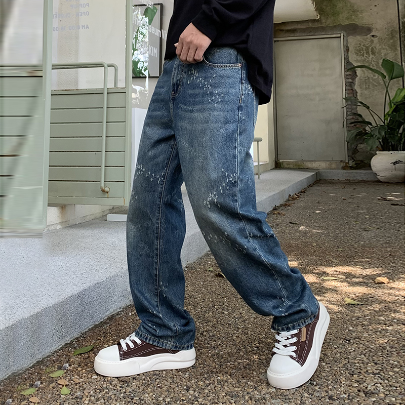實拍秋冬美式潮牌復古字母抓痕水洗牛仔褲男直筒休閑百搭長褲