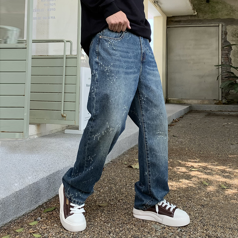 實拍秋冬美式潮牌復古字母抓痕水洗牛仔褲男直筒休閑百搭長褲