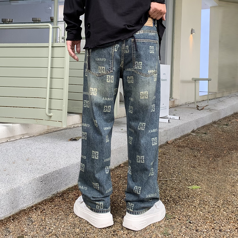 實拍秋冬新款潮牌字母印花牛仔褲男寬松百搭直筒褲復古水洗褲子