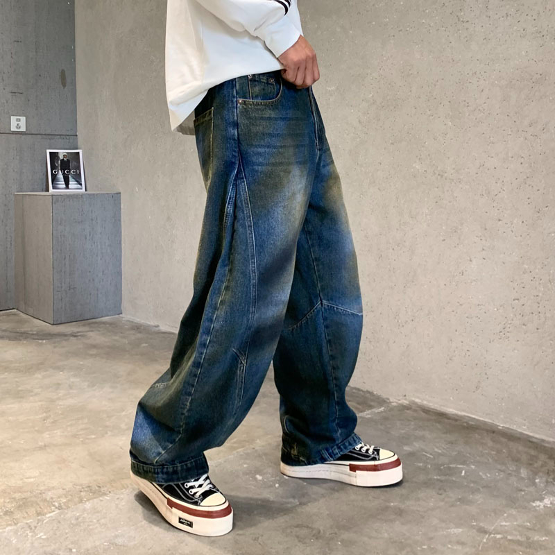 實拍2024秋冬潮牌寬松闊腿拼接牛仔褲男高級感韓版哈倫闊腿褲