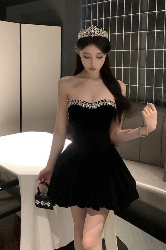 實拍實價  重工手工釘鉆絲絨修身顯瘦禮服連衣裙短款蓬蓬裙名媛風
