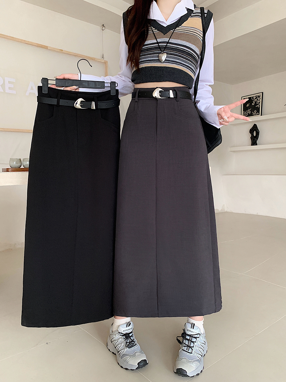 实拍2024秋季大码女装高腰中长款裙子A字显瘦半身裙
