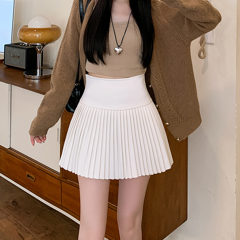 實拍2025新版紅甜辣風百搭修身高腰毛呢百褶裙半身裙 女