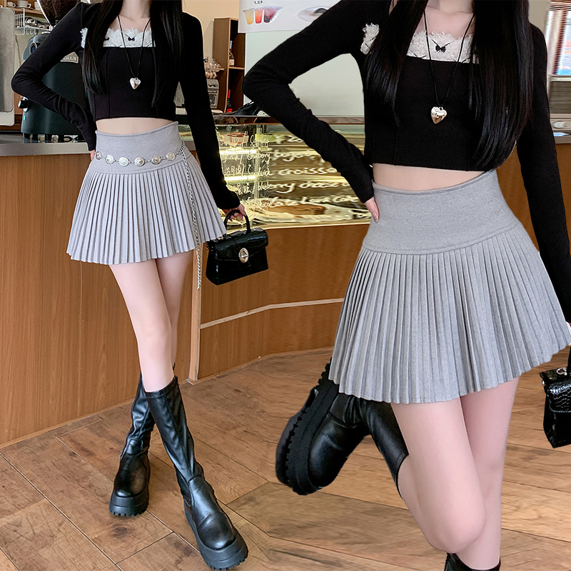 實拍2025新版紅甜辣風百搭修身高腰毛呢百褶裙半身裙 女