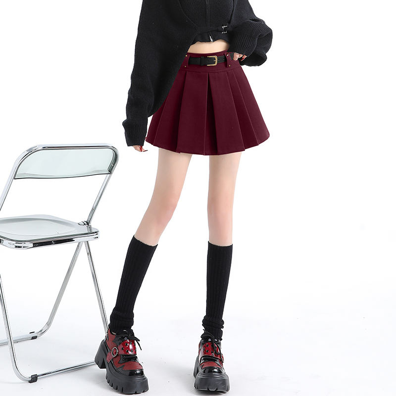 實拍2025秋冬新款甜辣風百搭修身高腰毛呢百褶裙半身裙子女