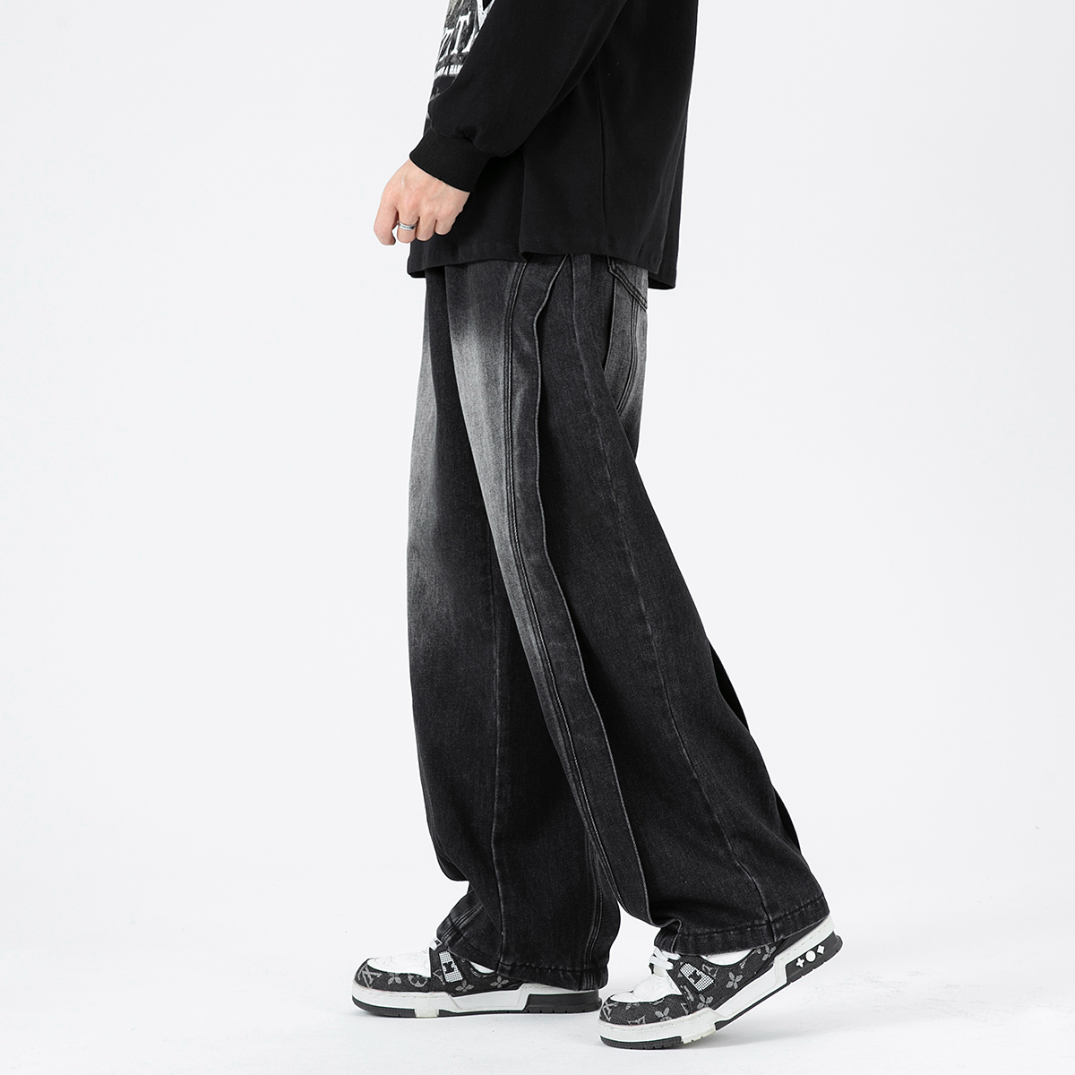 實拍美式重磅水洗牛仔褲男高街拼接闊腿寬松垂感直筒長褲子